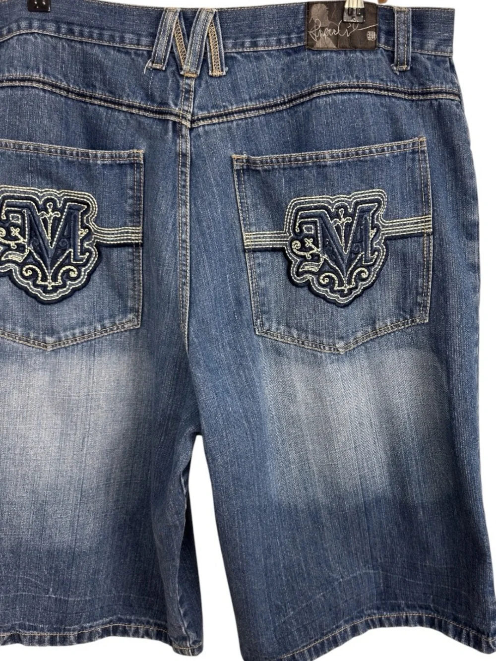 Makaveli Tupac Denim Shorts Size 40 Y2K Embroidered Logo Baggy Blue Jean Shorts